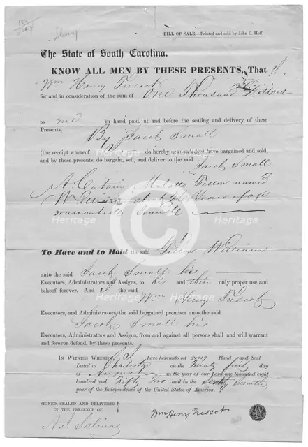 Bill of sale for mulatto man for $1000, 1800-1865.  Creator: Unknown.
