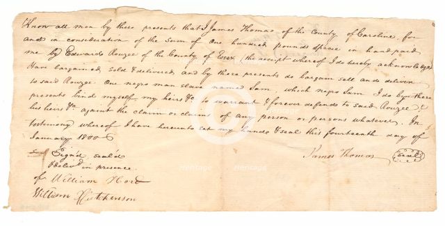 Bill of sale for Sam purchased by Edward Rouzee, January 14, 1800. Creator: Unknown.