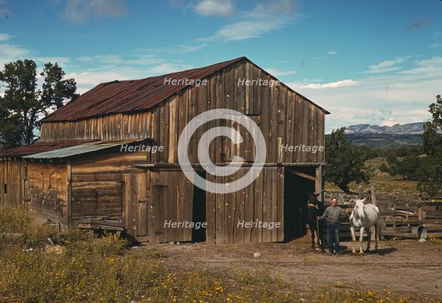 Bill Stagg, homesteader, in front of his barn, Pie Town, New Mexico, 1940. Creator: Russell Lee.