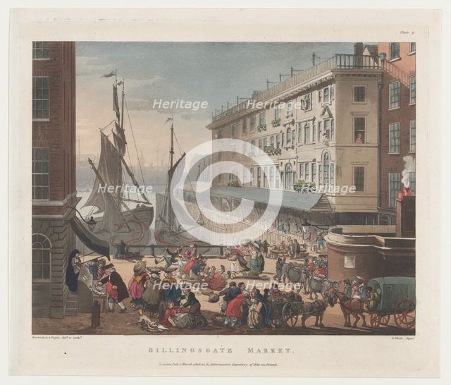 Billingsgate Market, March 1, 1808., March 1, 1808. Creators: Thomas Rowlandson, Augustus Charles Pugin, J. Bluck.