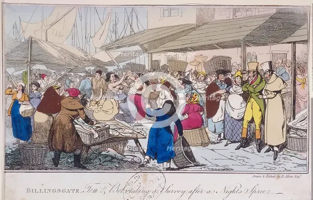 'Billingsgate: Tom and Bob taking a survey after a nights' spree', London, 1820. Artist: Henry Thomas Alken