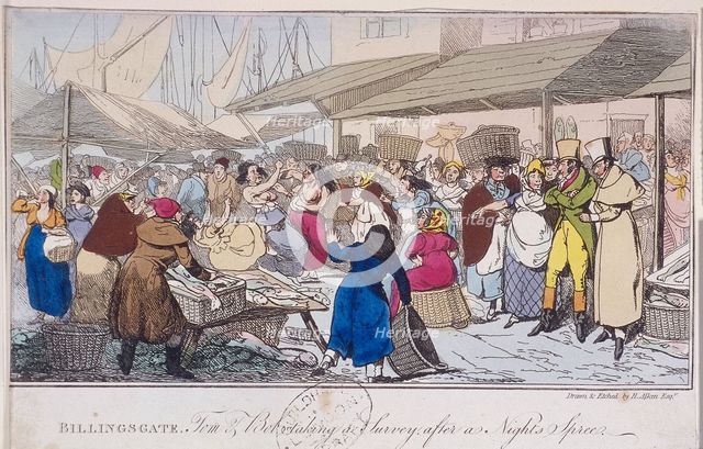 'Billingsgate: Tom and Bob taking a survey after a nights' spree', London, 1820. Artist: Henry Thomas Alken