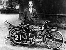 Billy Jones with an AJS motorbike, 1914