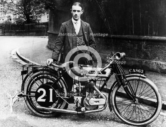 Billy Jones with an AJS motorbike, 1914. Artist: Unknown