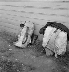 Bindles on shady side of Pastime Café, Tulelake, Siskiyou County, California, 1939. Creator: Dorothea Lange