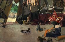 Birch bark yurt - Interior view of the yurt. Selkups, 1920. Creator: A. G. Vargin