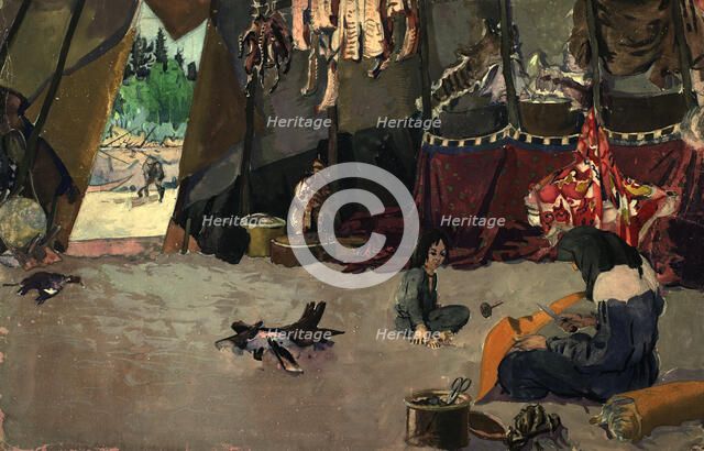 Birch bark yurt - Interior view of the yurt. Selkups, 1920. Creator: A. G. Vargin.