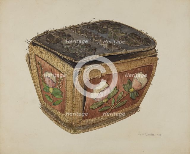 Birch Bark Sewing Basket, 1938. Creator: John Cooke.