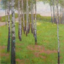 Birch grove in the evening light, 1902. Creator: Carl Moll