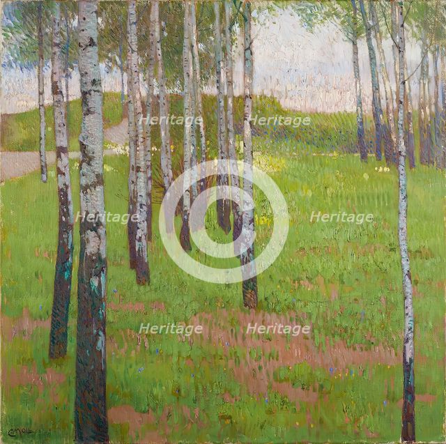 Birch grove in the evening light, 1902. Creator: Carl Moll.