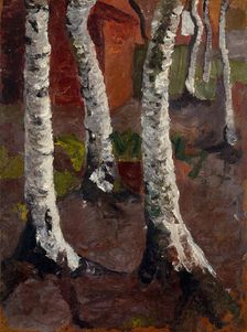 Birch trees in front of red house wall, ca 1901