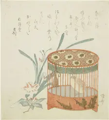 Bird cage and flowers, early 19th century. Creator: Shinsai