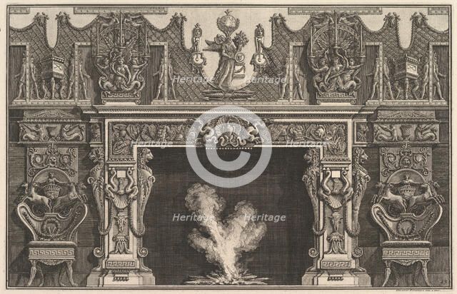 Bird in shell at the center of the lintel, with a frieze of trophies, surmounted by an..., 1769 (?). Creator: Giovanni Battista Piranesi.