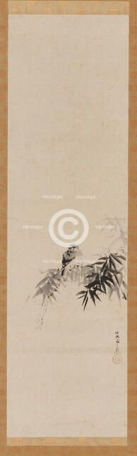 Bird on a bamboo branch, Edo period, 17th century. Creator: Kanô Tan'yû.