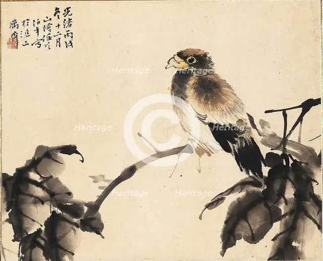 Bird on a branch, 1886. Creators: Unknown, Ren Yi.
