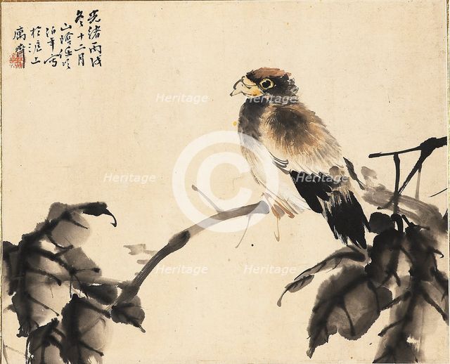 Bird on a branch, 1886. Creators: Unknown, Ren Yi.