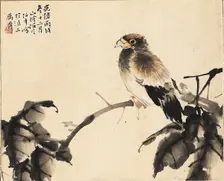 Bird on a branch, 1886. Creators: Unknown, Ren Yi