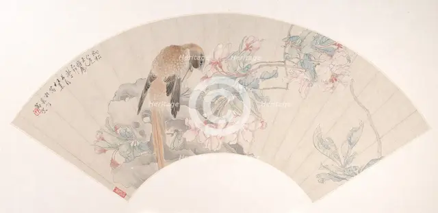 Bird on a Rock by a Flowering Branch, dated 1879. Creator: Ren Xun.