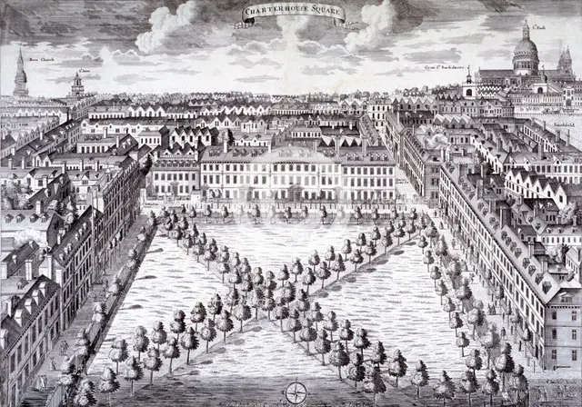 Bird's-eye view of Charterhouse Square, Finsbury, London, c1750. Artist: Sutton Nicholls