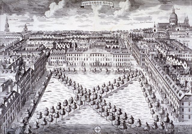 Bird's-eye view of Charterhouse Square, Finsbury, London, c1750. Artist: Sutton Nicholls