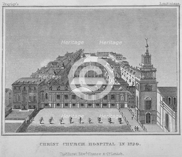 Bird's-eye view of Christ's Hospital as it was in 1720, City of London, 1829. Artist: Anon