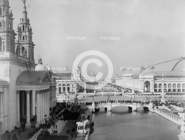 Bird's-eye view of exposition grounds, with canal in foreground, World's Columbian Expo..., 1893. Creator: Frances Benjamin Johnston.