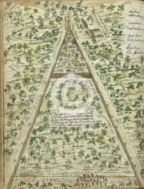 Bird's eye view of elephant corral, 1785. Creator: Jan Brandes.