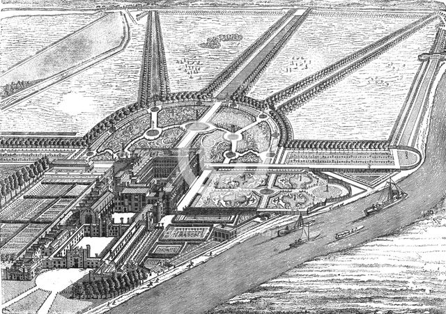 ''Bird's Eye View of Hampton Court Palace as finished by William III', 1891. Creator: Unknown.