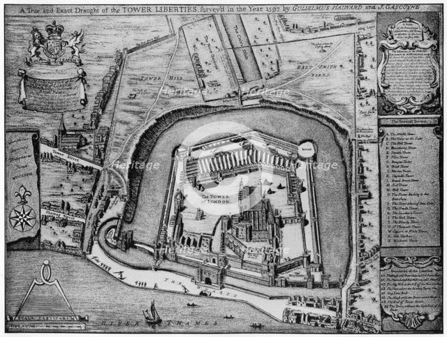 Bird's eye view of the Tower and Liberties as they appeared in 1597, London, 20th century.  Artist: Unknown.