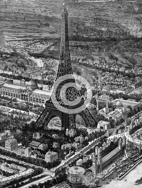 Bird's-eye view of the Eiffel Tower at the time of the opening of the Paris Exposition of 1889. Creator: Unknown.