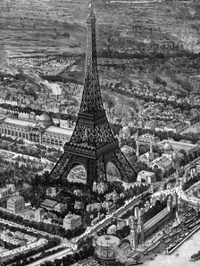 Bird's-eye view of the Eiffel Tower at the time of the opening of the Paris Exposition of 1889. Creator: Unknown