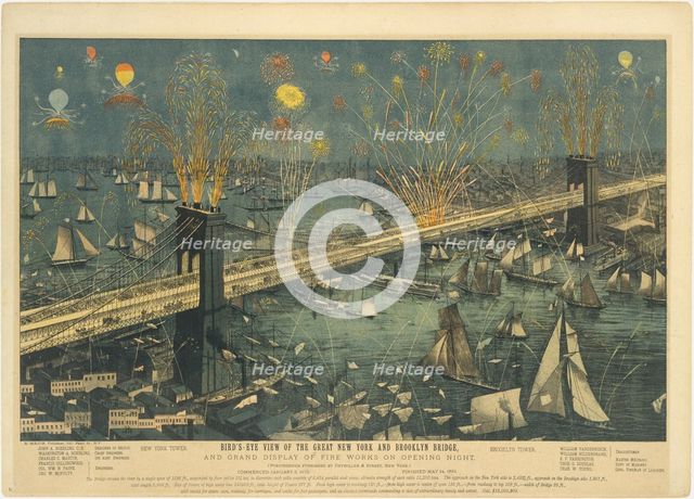 Bird's-Eye View of the Great New York and Brooklyn Bridge, and Grand Display of Fireworks ..., 1883. Creator: Unknown.