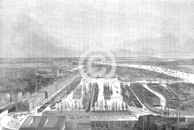 Bird's eye view of the London Docks, 1845. Creator: Unknown.