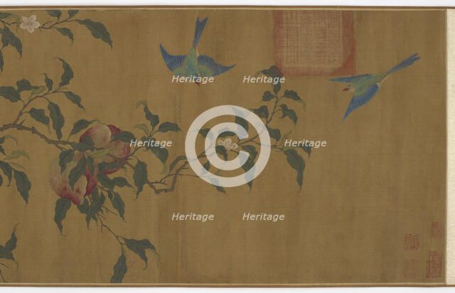 Birds among peach branches, Qing dynasty, (18th century?). Creator: Unknown.
