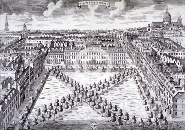 Bird's-eye view of Charterhouse Square, Finsbury, London, c1750. Artist: Sutton Nicholls