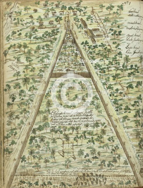 Bird's eye view of elephant corral, 1785. Creator: Jan Brandes.