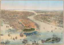 Bird's-eye view of New York City from the West, with Manhattan, and Brooklyn to the East, 1851. Creator: Bachmann, John (1814-1896)