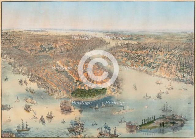 Bird's-eye view of New York City from the West, with Manhattan, and Brooklyn to the East, 1851. Creator: Bachmann, John (1814-1896).