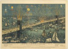 Bird's-Eye View of the Great New York and Brooklyn Bridge, and Grand Display of Fireworks ..., 1883. Creator: Unknown