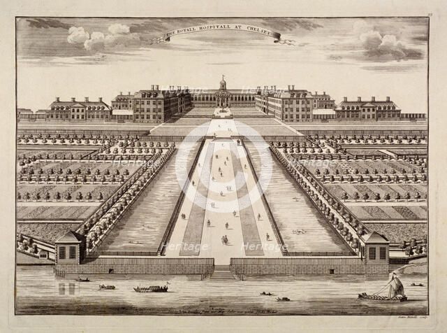 Bird's-eye view of the Royal Hospital, Chelsea, London, c1750. Artist: Sutton Nicholls