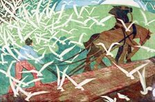 Birds following a plough, 1933. Creator: Ethel Louise Spowers