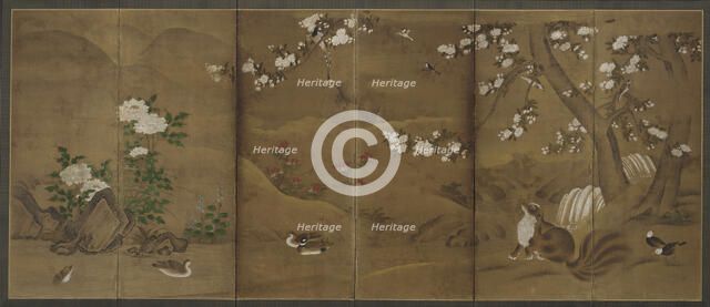 Birds, flowers of the seasons, and civet cats, Muromachi or Momoyama period, 16th century. Creator: Unknown.
