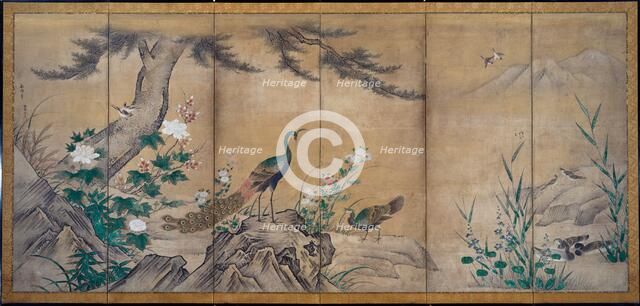 Birds, Trees, and Flowers, late 1500s. Creator: Kano Mitsunobu (Japanese, 1565-1608); Kano Shoei (Japanese, 1519-1592).