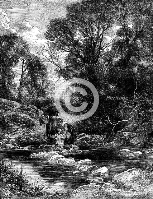 Birkett Foster's "Pictures of English Landscape": the Stepping-stones, 1862. Creator: Dalziel Brothers.