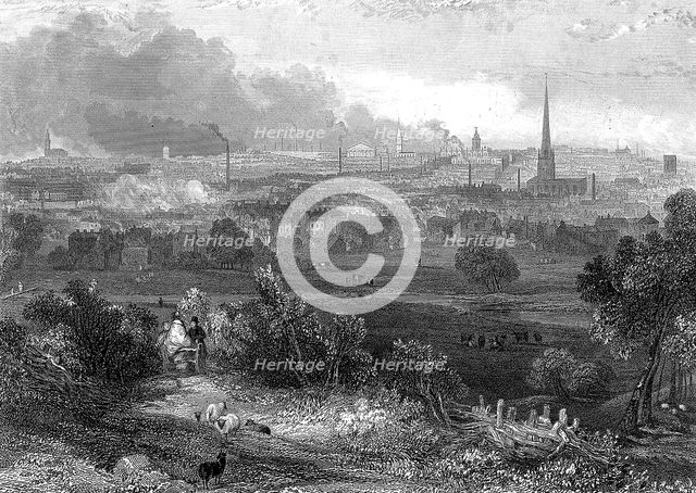 Birmingham viewed from the south showing smoking chimneys, c1860.  Creator: Unknown.