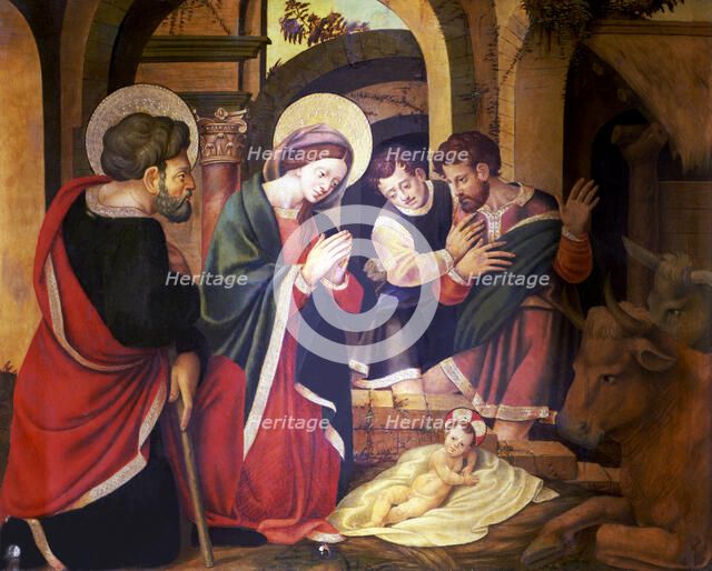 Birth and Adoration of the Shepherds. Detail of the altarpiece with scenes of the life of Christ …