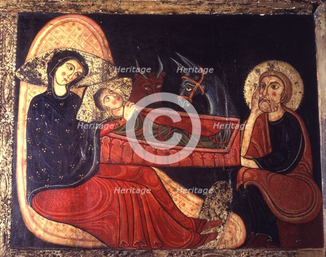 Birth, detail of the Avià Front, from the Church of Saint Mary of Avià in Berguedà. Painting on w…