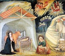 Birth of Jesus in Bethlehem detail of the paintings by Ferrer Bassa, frescoes preserved in the…