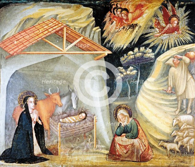  'Birth of Jesus in Bethlehem' detail of the paintings by Ferrer Bassa, frescoes preserved in the…
