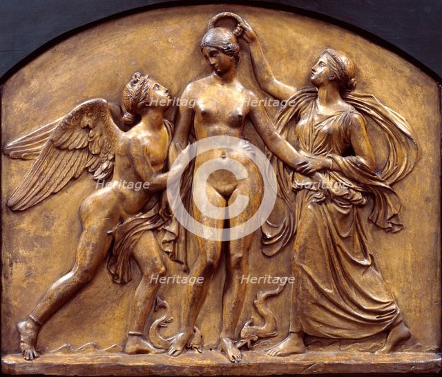 Birth of Venus; received by Celestial Love, and crowned by Persuasion, c1840. Creator: John Gibson.
